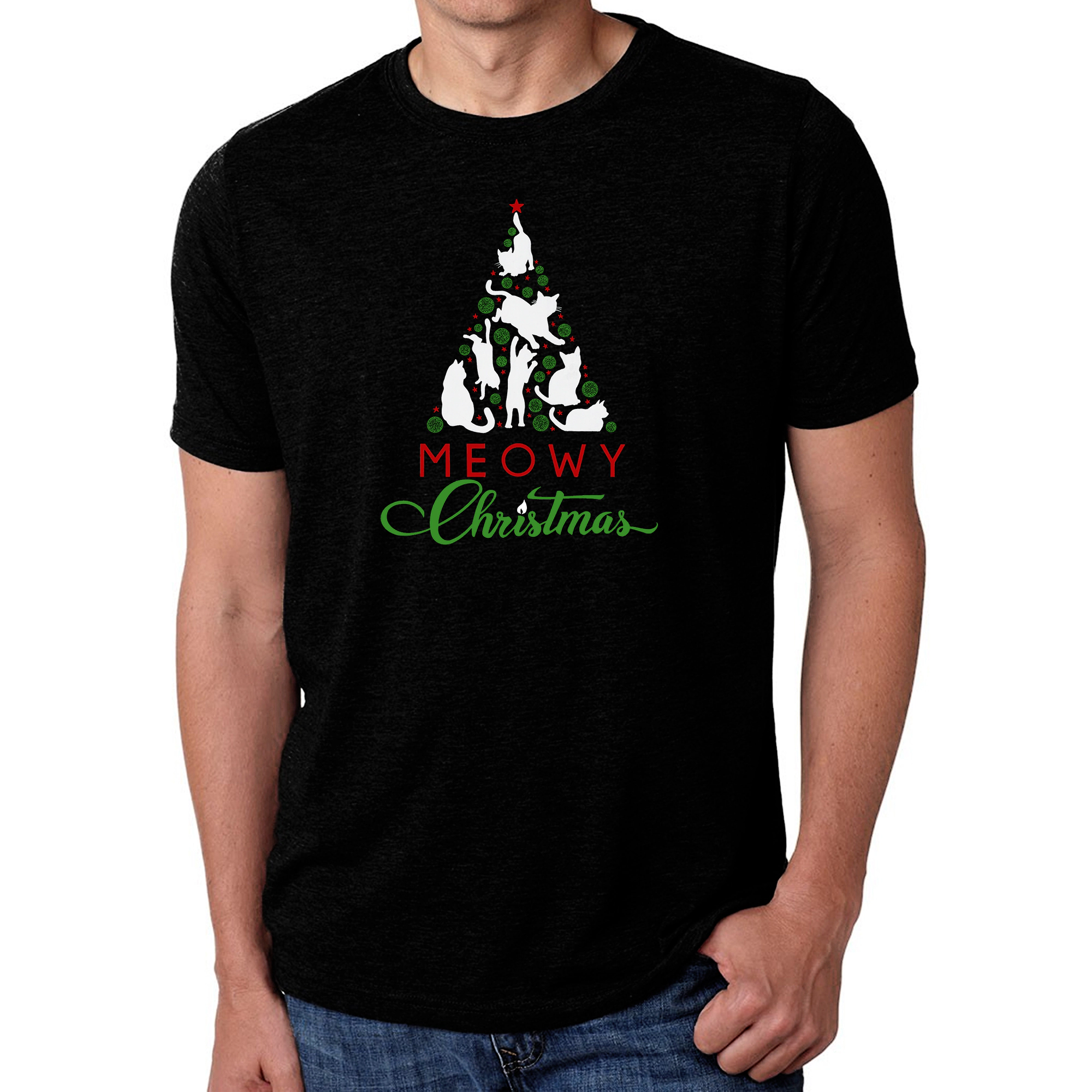 LA Pop Art Men's Cotton-Poly Word T-Shirt - Meowy Christmas Tree