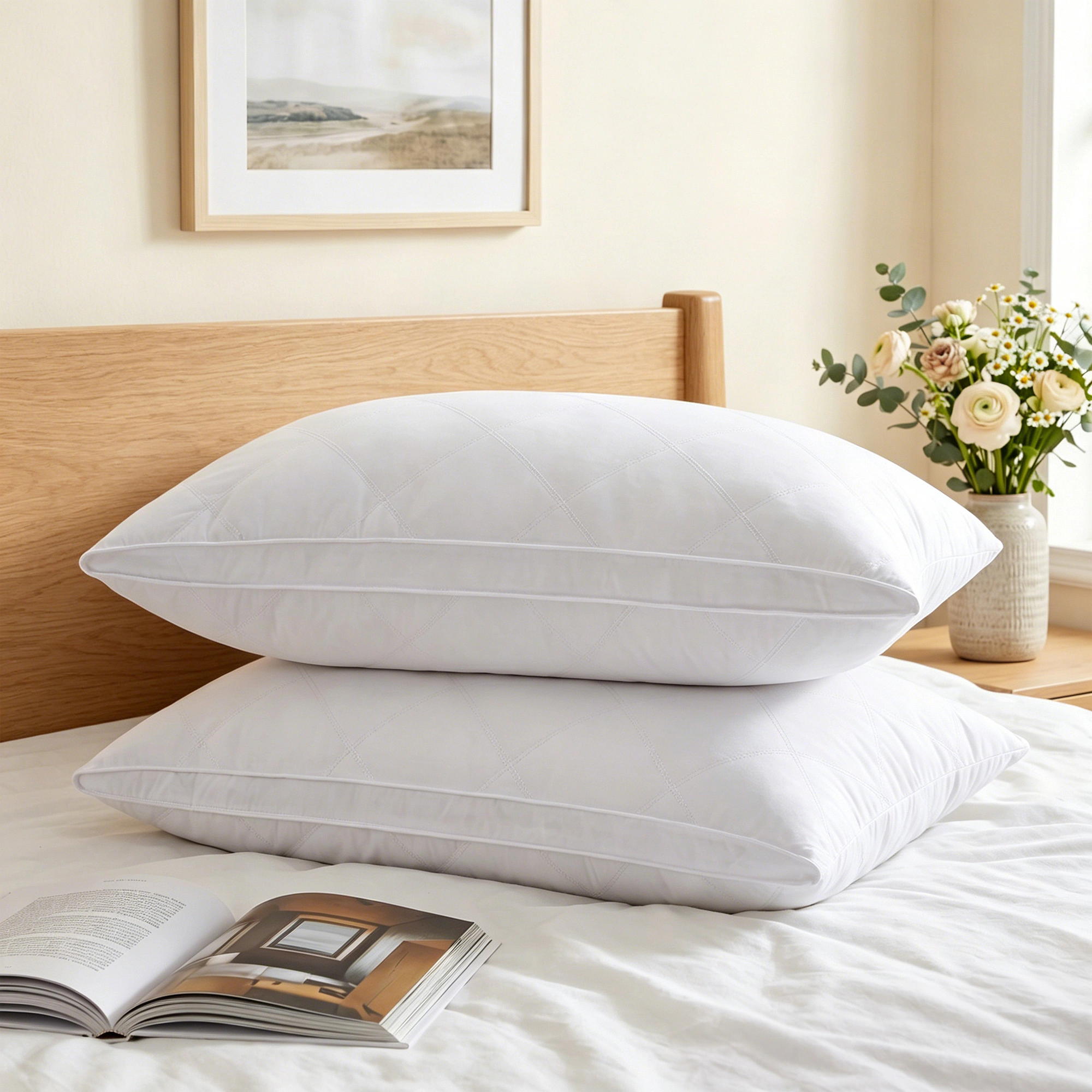 PEACENEST Goose Feather Gusseted Bed Pillows,Medium Support,Set of 2
