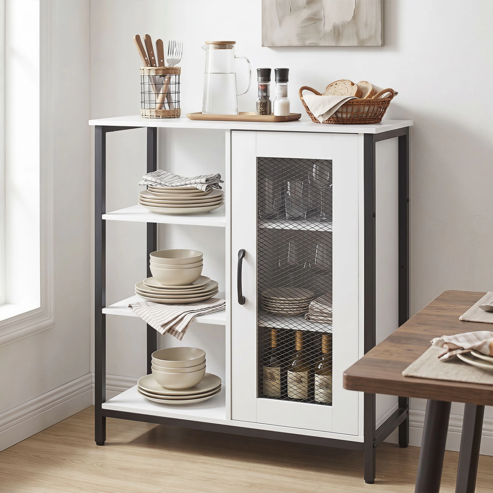 SUGIFT 27.5-in Industrial Sideboard Buffet Cabinet with Mesh Door, 3 Open Shelves, and Adjustable Storage
