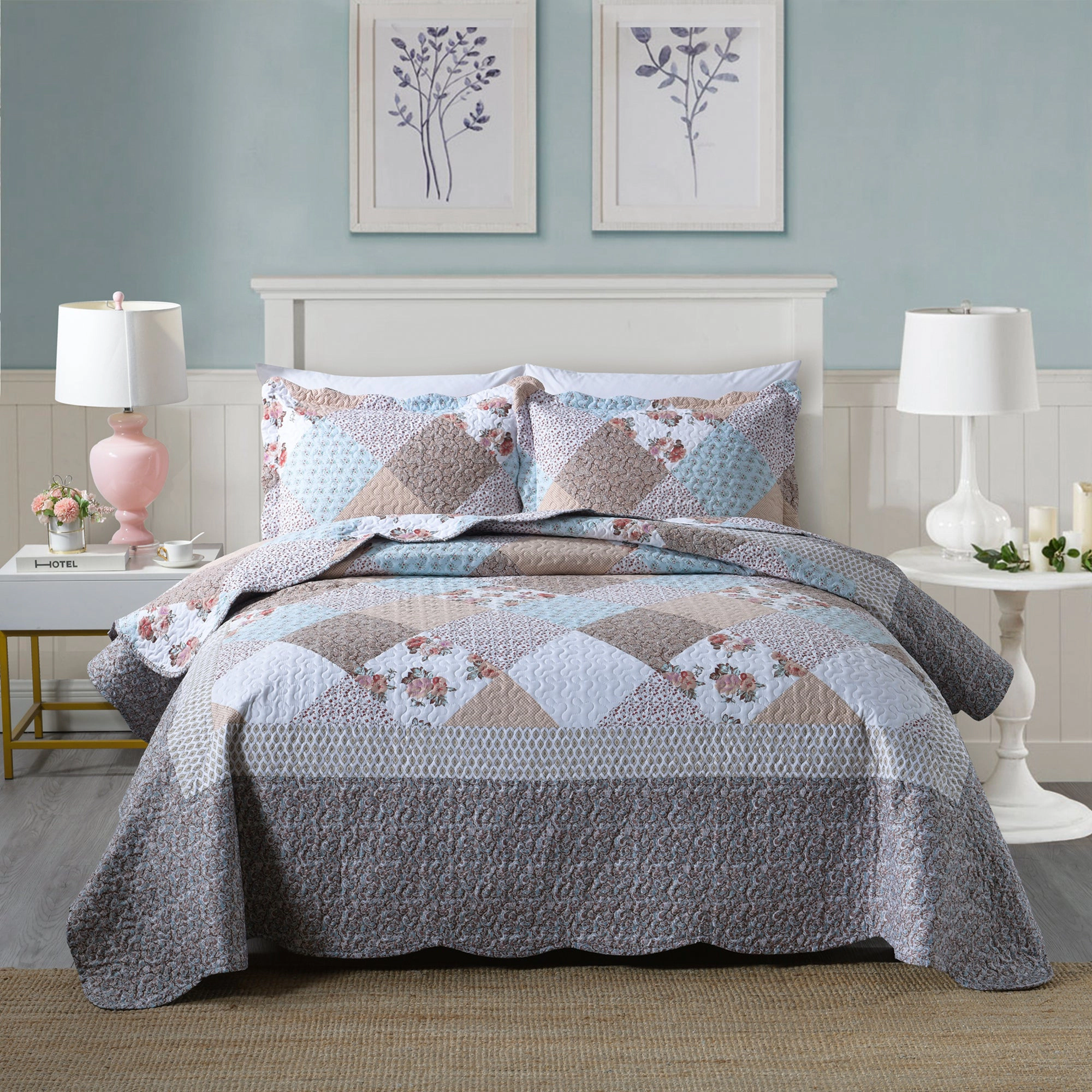 MarCielo 3 Piece Vintage Floral Printed Quilt Set – Lightweight Bedspread Set