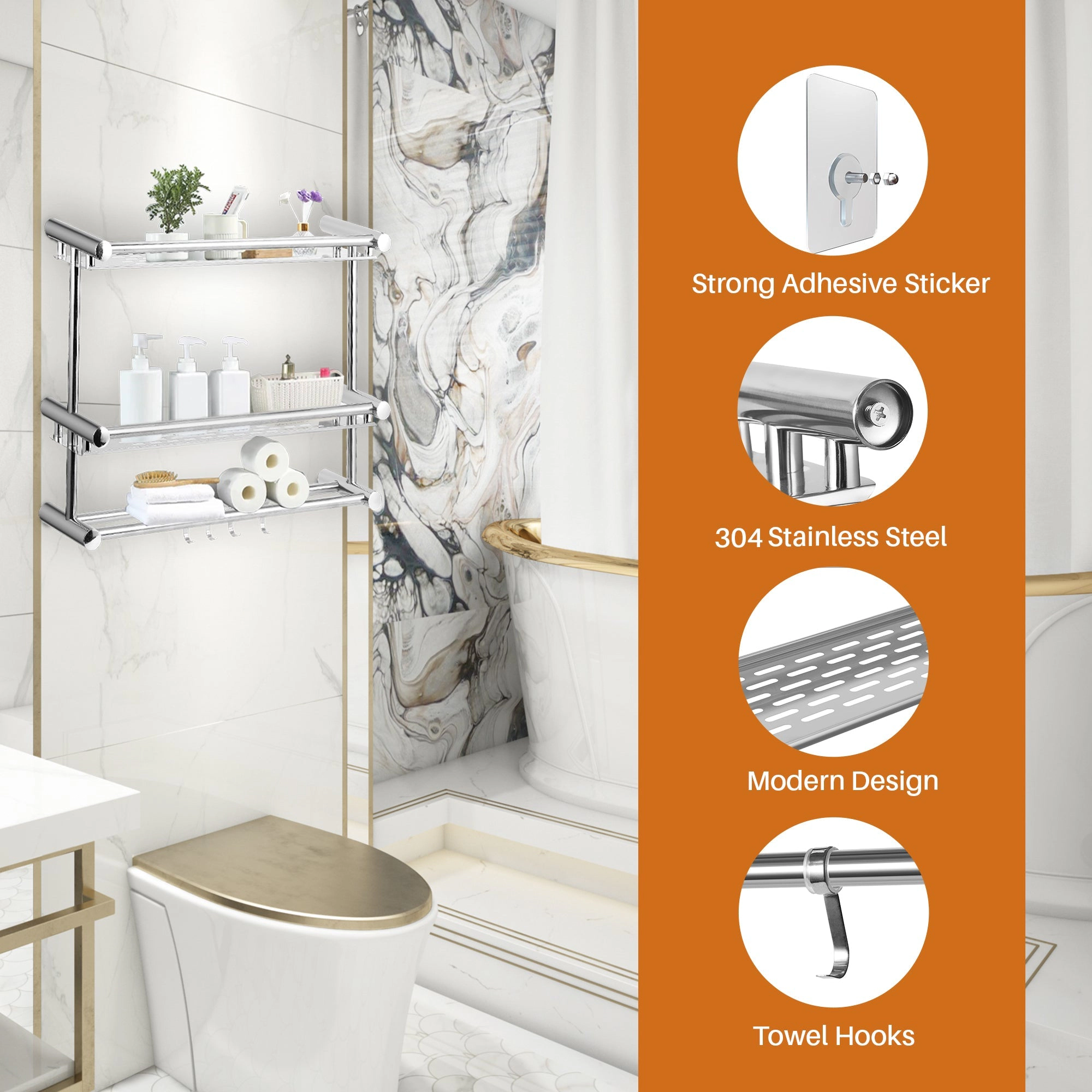 Cheer Collection Wall Mounted Shower Caddy & Towel Hooks - No Drilling Necessary