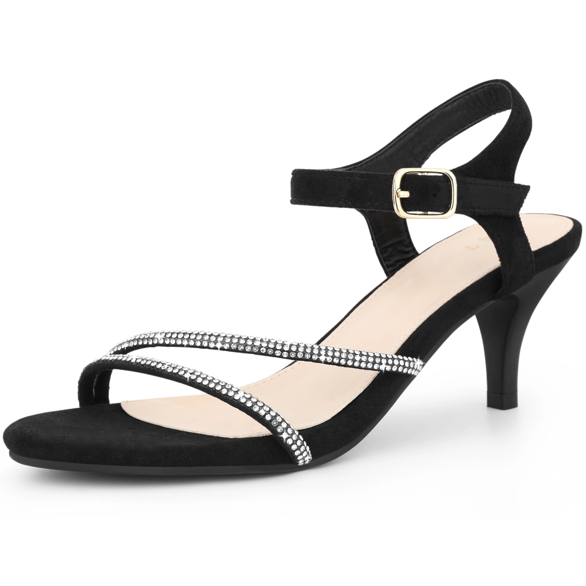 BLISSFUL STEP Women's Ankle Strap Rhinestones Kitten Low Heel Sandals