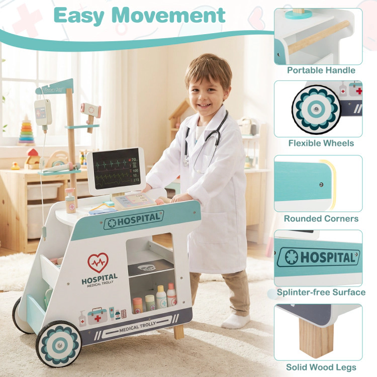Hivvago Wooden Doctor Playset for Kids Pretend Play Kit with Cart Gift Toddlers Boys Girls Aged 3+