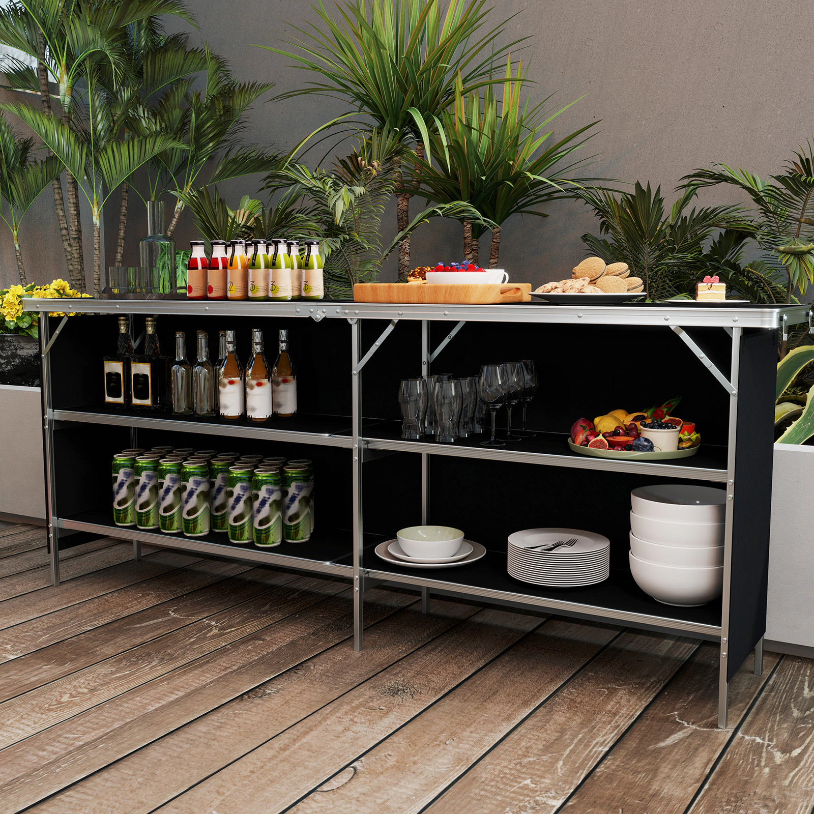 SUGIFT 81-in Aluminum Picnic Table with 2-Tier Open Shelves 132-lb Tabletop Capacity 33-lb Shelf Capacity Black Coffee