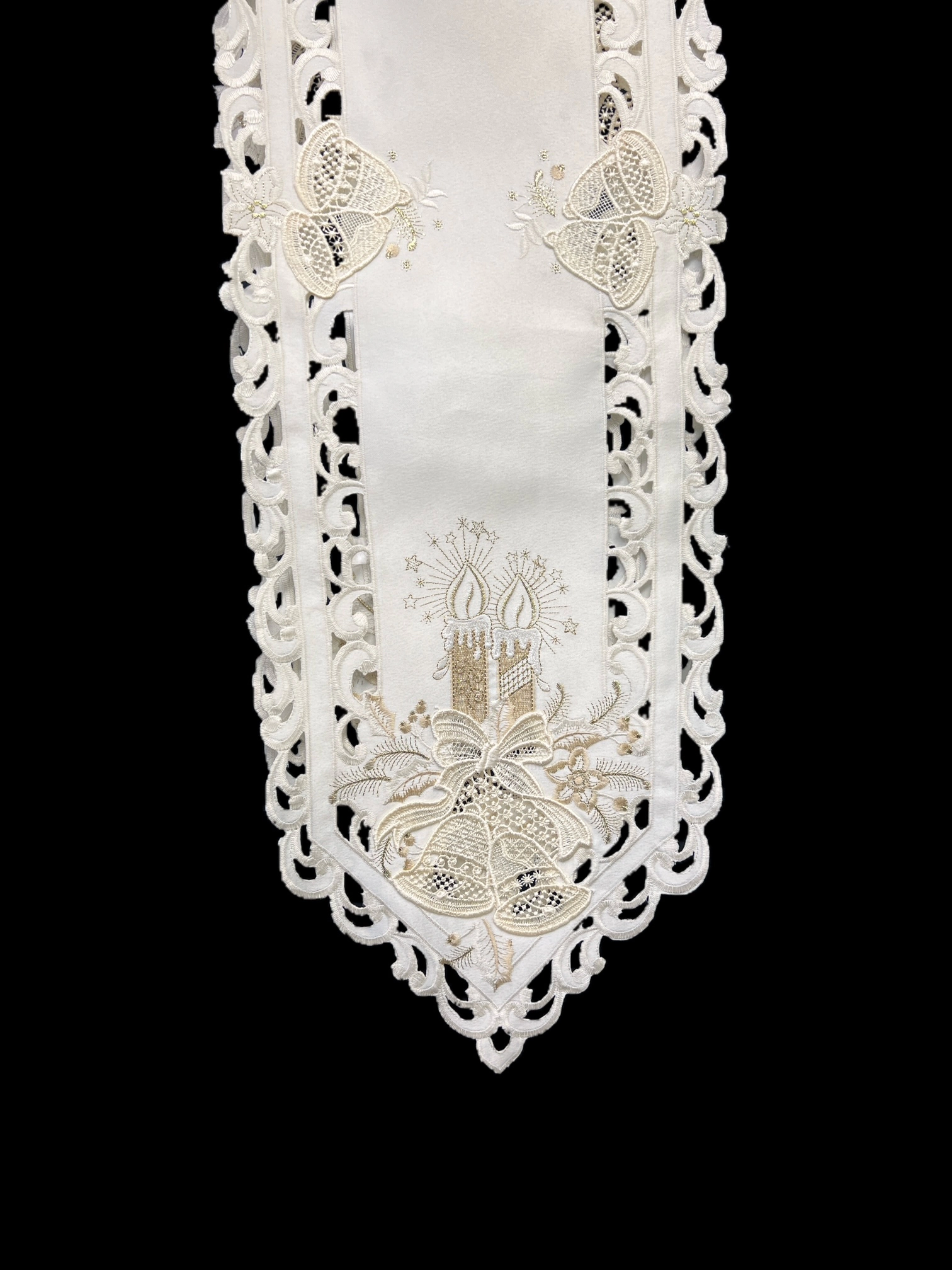 Jiallo Christmas Candle Beige Lace Embroidered Cutwork Rectangular Table Runner, 11 by 64 inch
