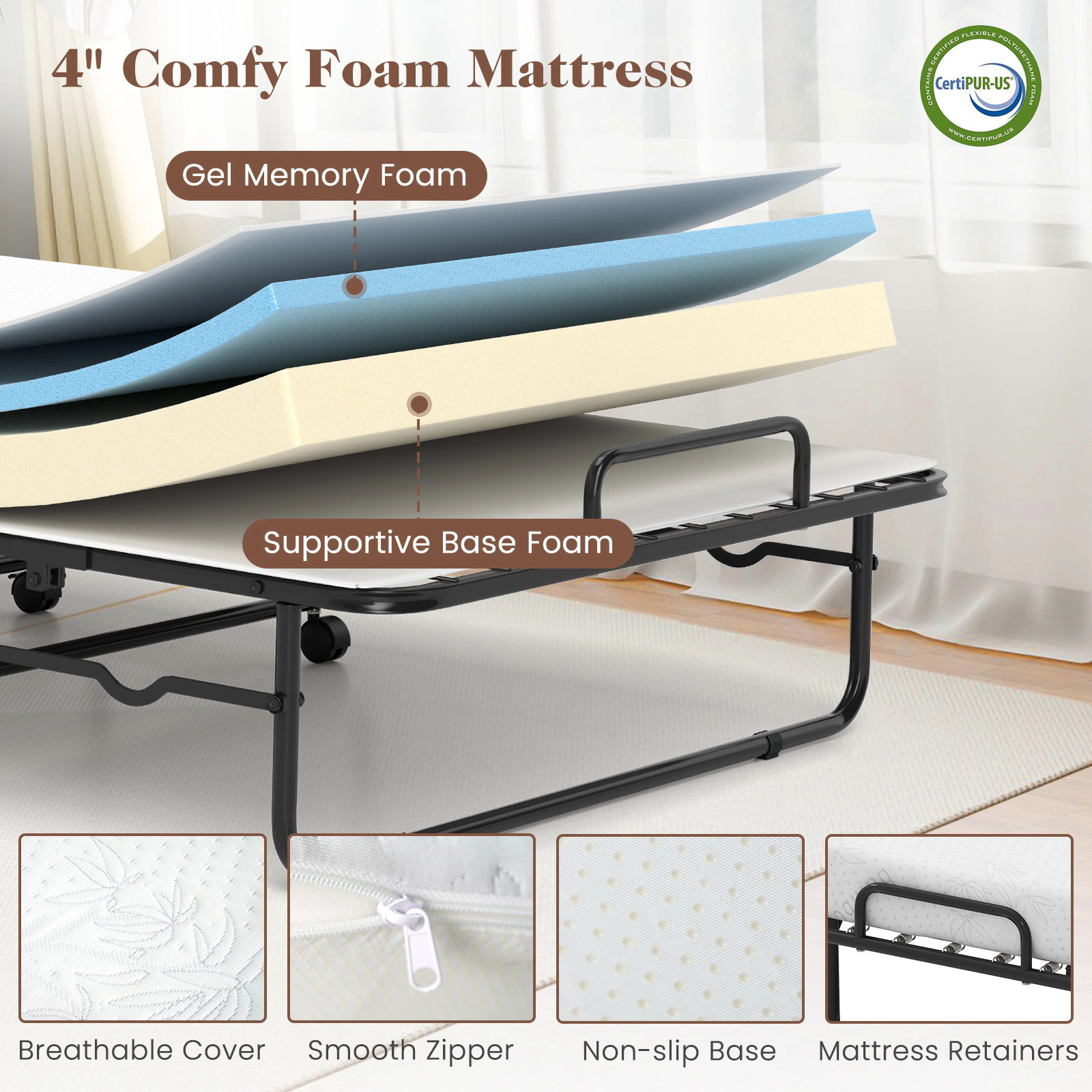 SUGIFT Cot Size Folding Guest Bed with 4 Inch Memory Foam Mattress and Metal Frame