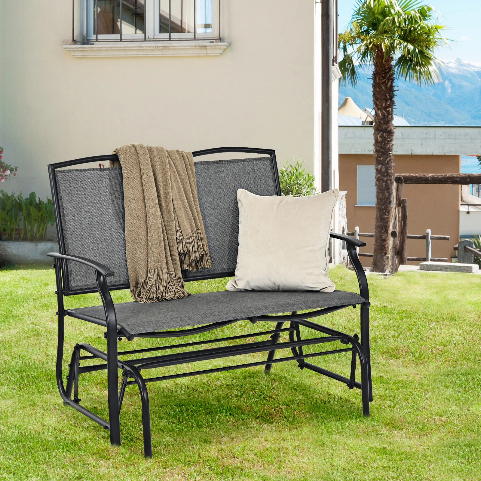 SUGIFT Gray 2-Person Steel Patio Rocking Loveseat with Textilene Mesh, 396-lb Capacity