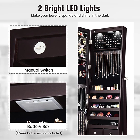 Hivvago Lockable Mirrored Jewelry Cabinet with Stand and LED Lights