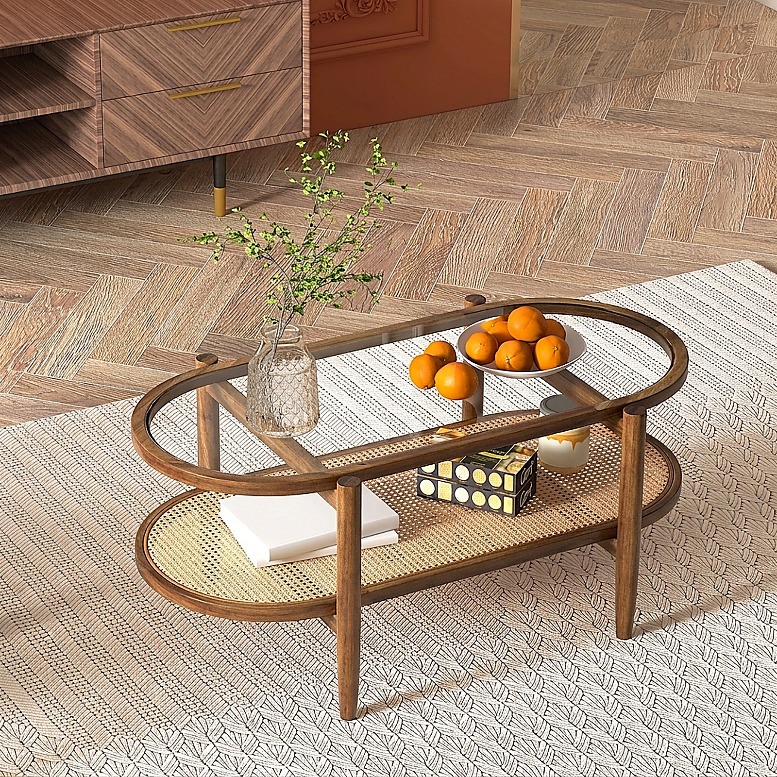 SUGIFT 2-Tier Coffee Table with Tempered Glass Tabletop and Acacia Wood Frame 176-lb Tabletop Capacity Brown/Black