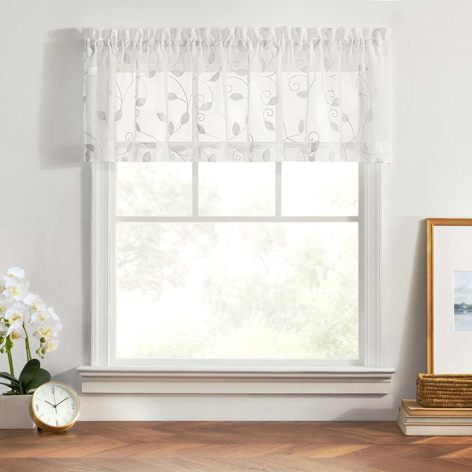Ellis Curtain Chatham 100% Polyester Tailored Embroidered Sheer Rod Pocket Valances 70" x 15" White