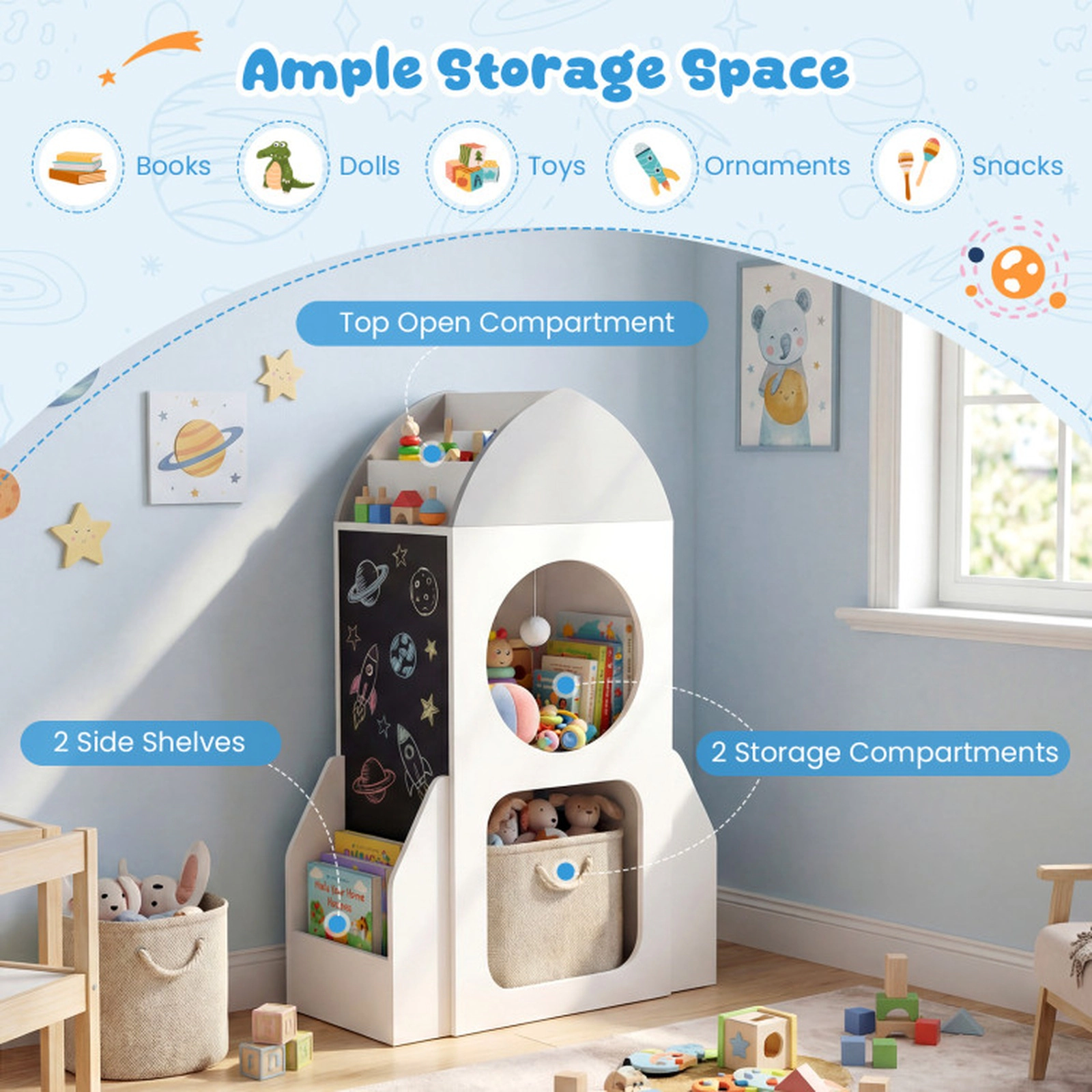 SUGIFT Rocket-Shape 3-Tier Kids Bookshelf Toy Organizer with Chalkboard 33-lb Top Capacity 3+ Years White + Gray