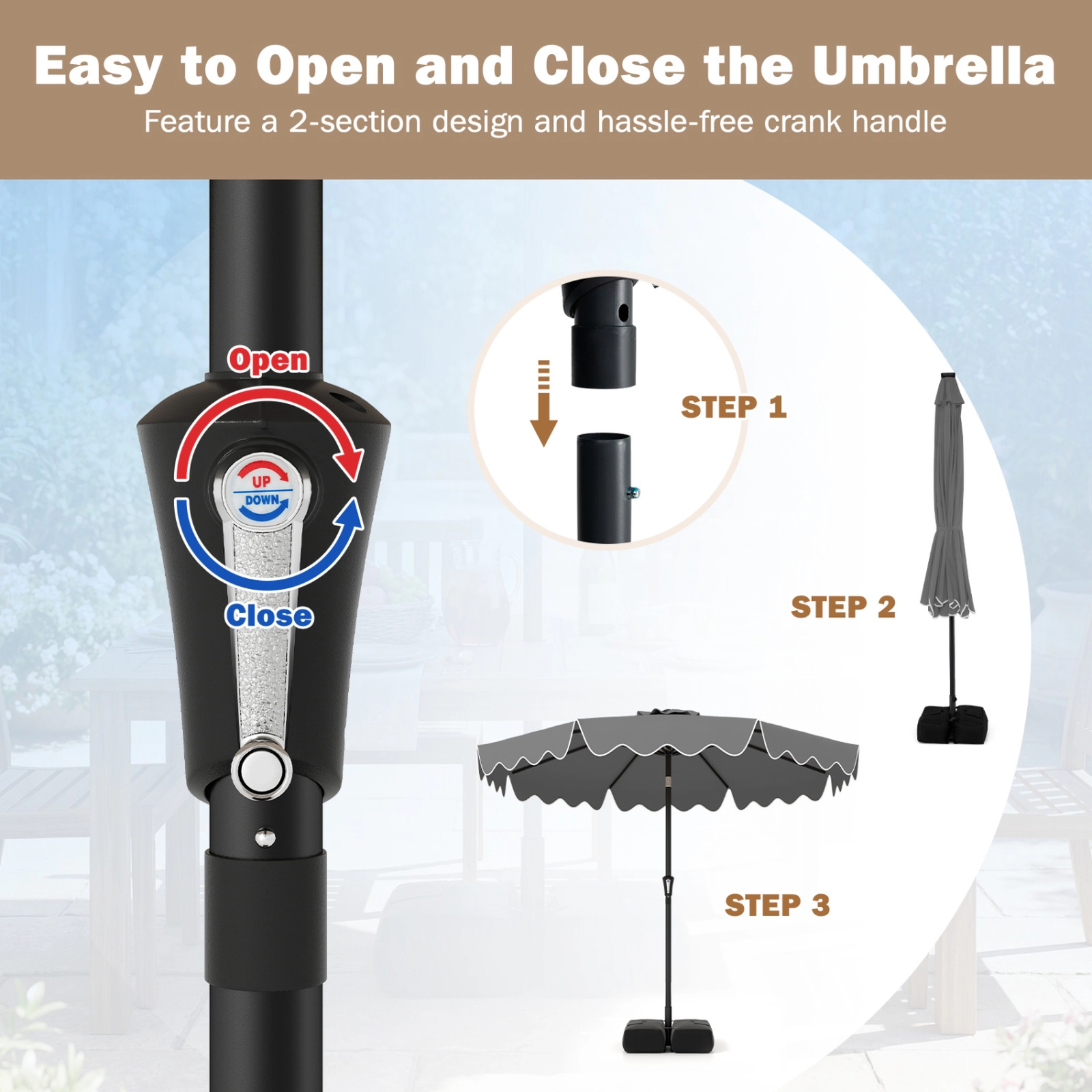 SUGIFT 9 x 8 ft Gray Ruffled Market Patio Umbrella with Crank Lift, Manual Tilt, Vented Double-Tier Top and 2 Sandbags