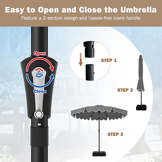 SUGIFT 9 x 8 ft Gray Ruffled Market Patio Umbrella with Crank Lift, Manual Tilt, Vented Double-Tier Top and 2 Sandbags
