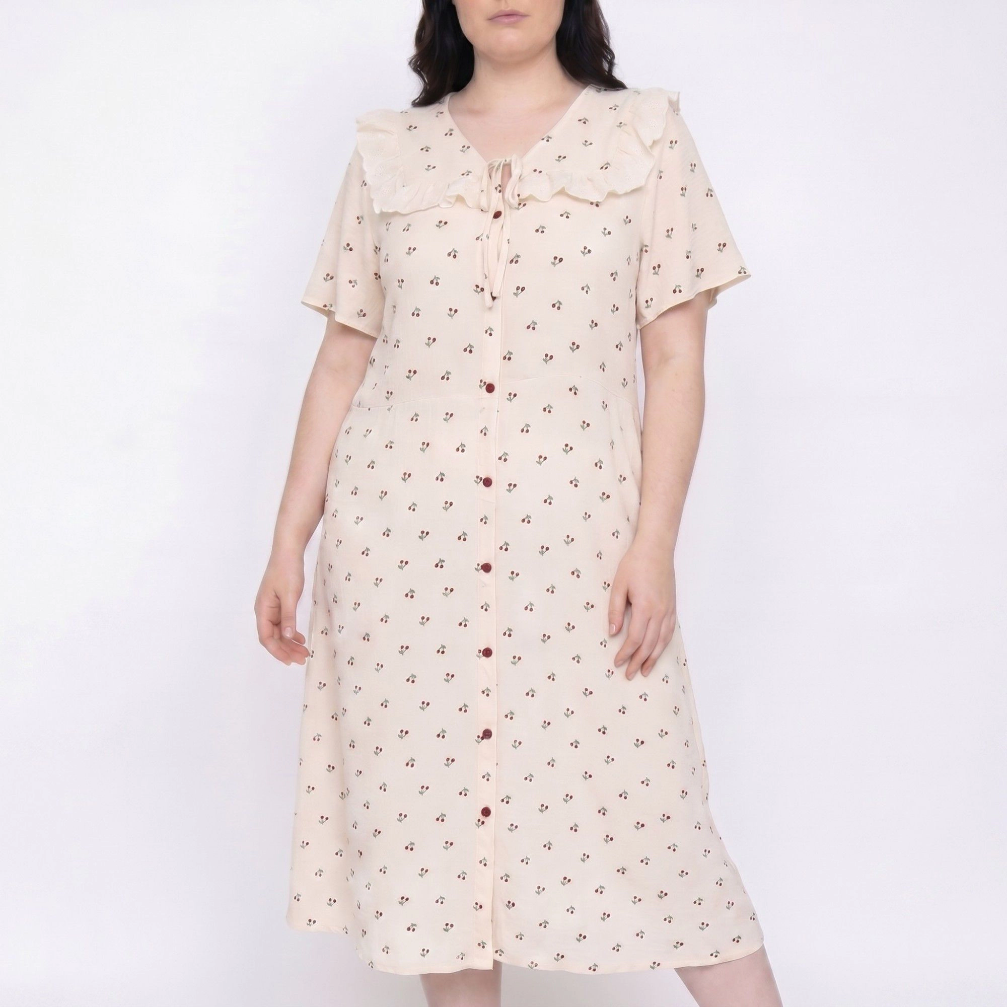 Anna-Kaci Women's Short Sleeve Button Front Midi Nightgown Ruffle Collar Tie Neck Sleep Dress