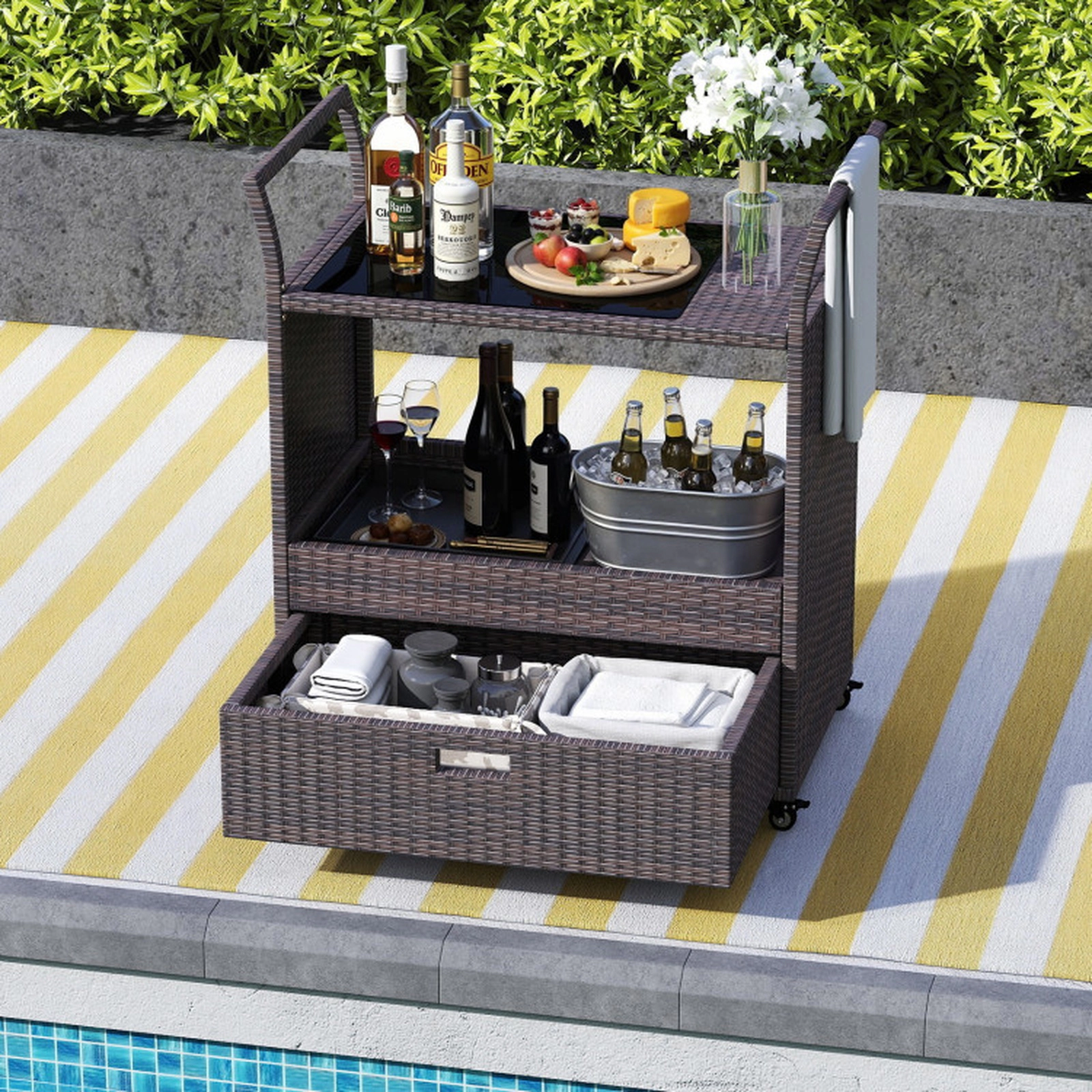 SUGIFT Brown 100-lb Capacity Outdoor Wicker Bar Cart with Tempered Glass Top PE Rattan Drawer and Wheels
