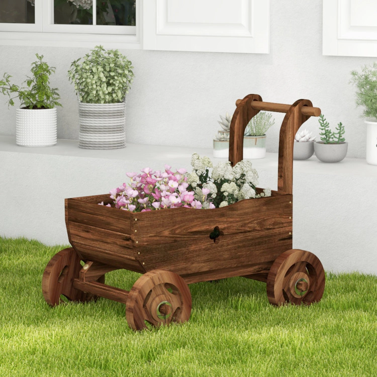 Hivvago Decorative Wooden Wagon Cart with Handle Wheels and Drainage Hole