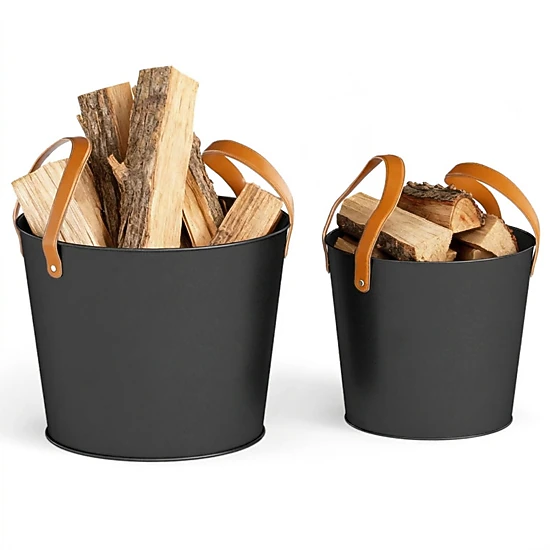 SUGIFT Set of 2 Powder Coated Wood Handles 11.5 Gal 5.8 Gal Metal Fireplace Ash Buckets 17.5-in x 17.5-in x 14-in Black