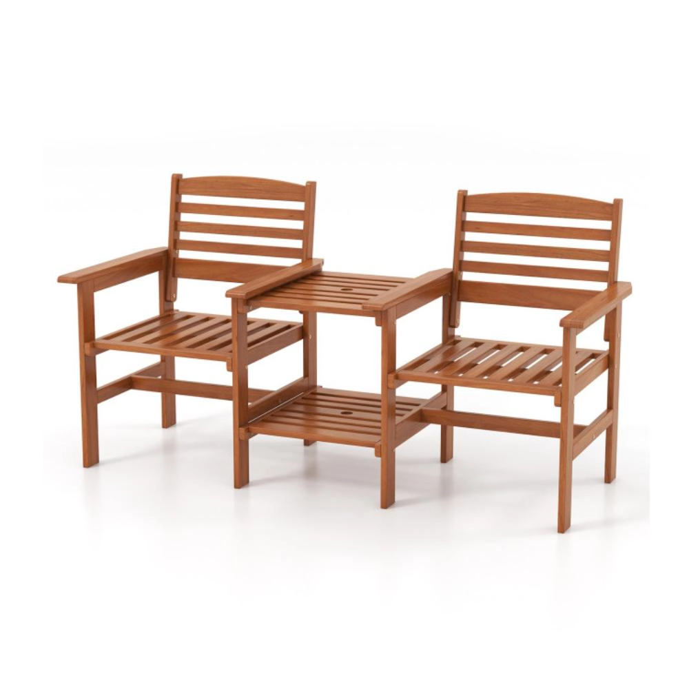 Hivvago Outdoor Patio Wood 2-Seat Conversation Set With Coffee Table And Umbrella Hole