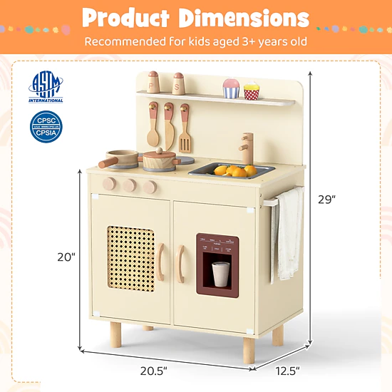 LJG Kids Wooden Pretend Kitchen Playset with Realistic Ice Maker