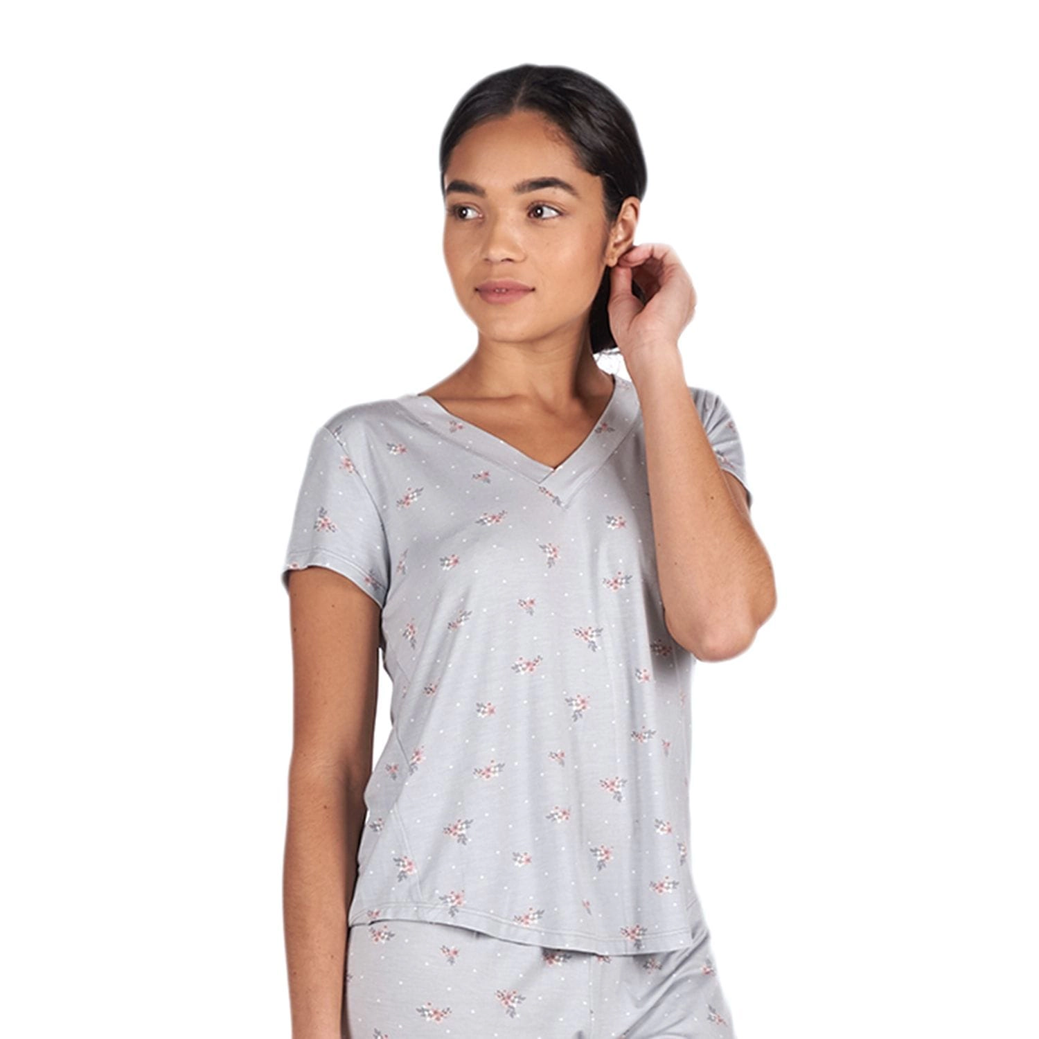Memoi Women's Ditsy Floral Bamboo Blend Short Sleeve Top