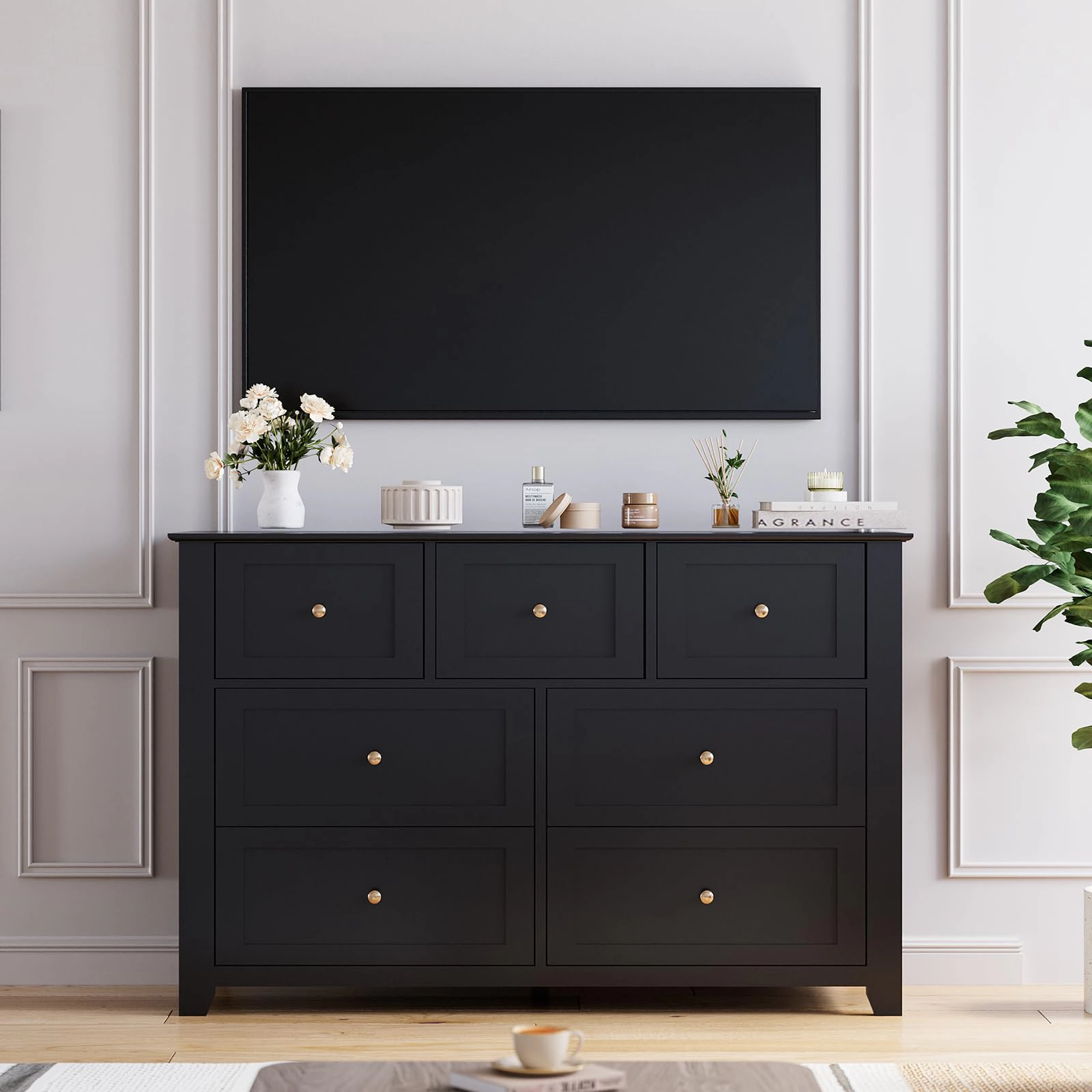 7 Drawer Dresser with Metal Knobs, 53.9" Wide Wooden Double Storage Chest for Bedroom Entryway