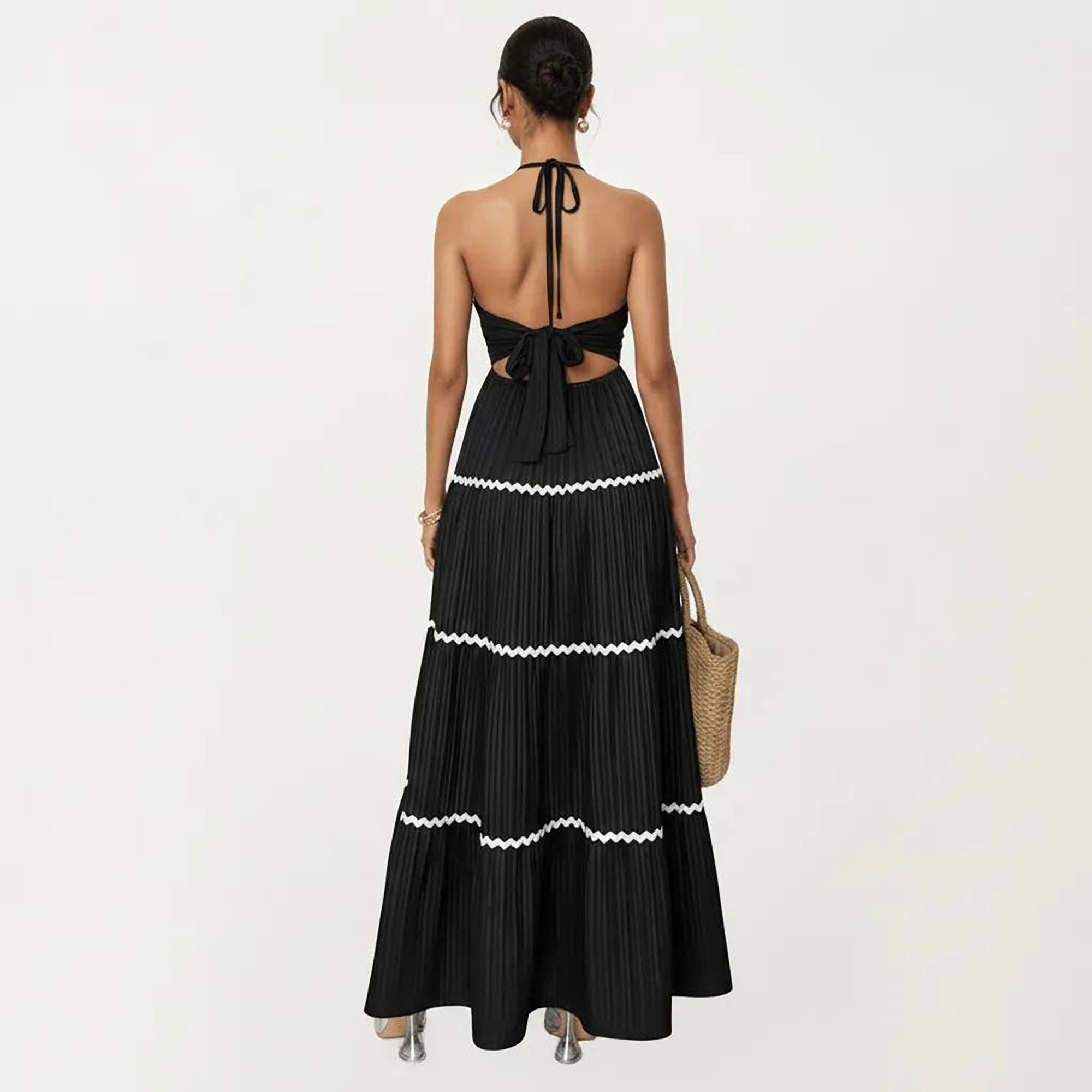 Anna-Kaci Halter Neck Pleated Maxi Dress with Tiered Trim