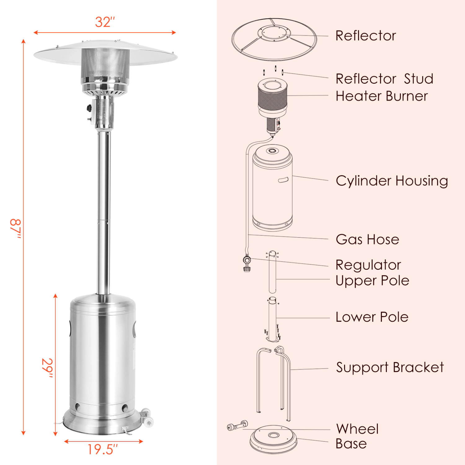 LJG 50000 BTU Stainless Steel Propane Patio Heater with Trip Over Protection