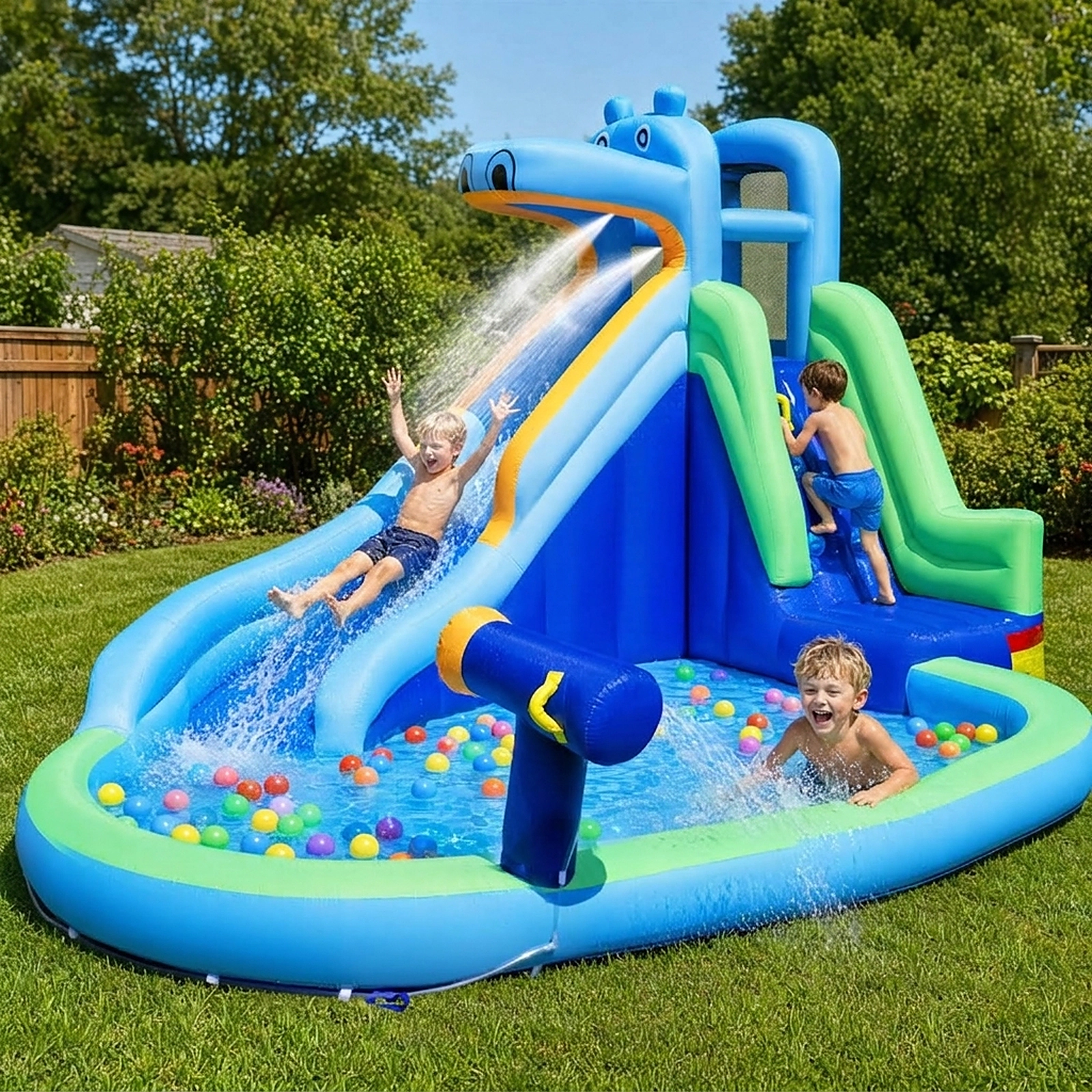 SUGIFT Hippo-Themed Inflatable Water Slide with Climbing Wall and 680W Blower 100-lb Capacity Ages 3-12 Multicolor