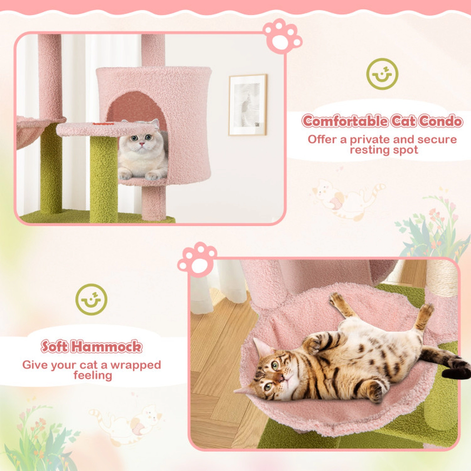 SUGIFT Pink 58 in Multi-Level Floral Cat Tower with Leaf Scratcher and Hammock