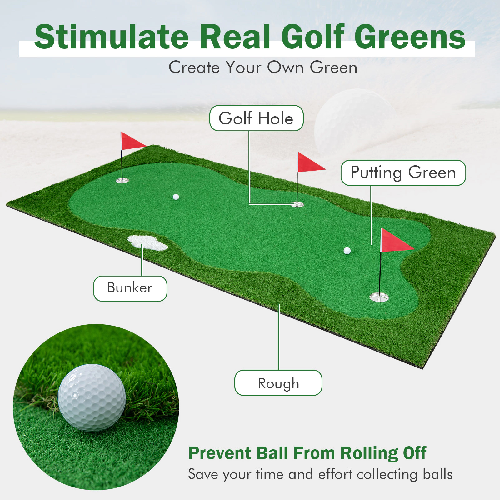 SUGIFT Realistic Artificial Grass Turf and 3 Holes Golf Putting Green Mat