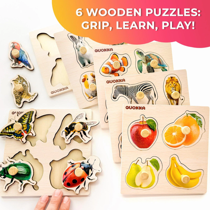 QUOKKA Wooden Peg Puzzle Set for Toddlers Ages 1–3, 6-Pack Animal, Fruit, Vehicle & Shape Puzzles