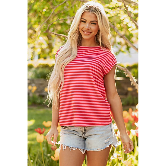 Threaded Pear Women's Sarahi Stripe Ribbed Cap Sleeve Round Neck Top