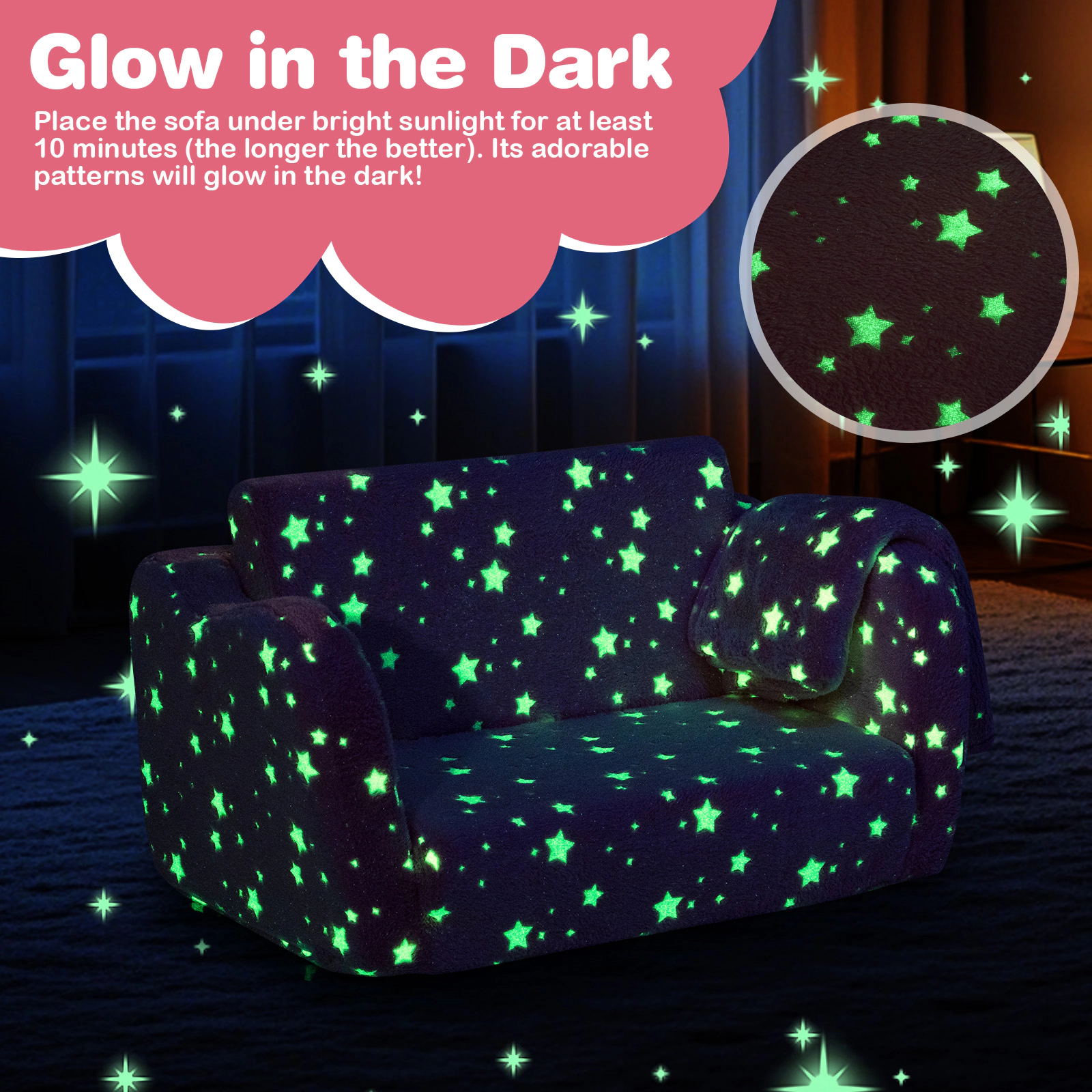 2-in-1 Folding Kids Couch Toddler Fold Out Sofa Bed with Glow in the Dark Print Blanket Included and OEKO-TEX Pink