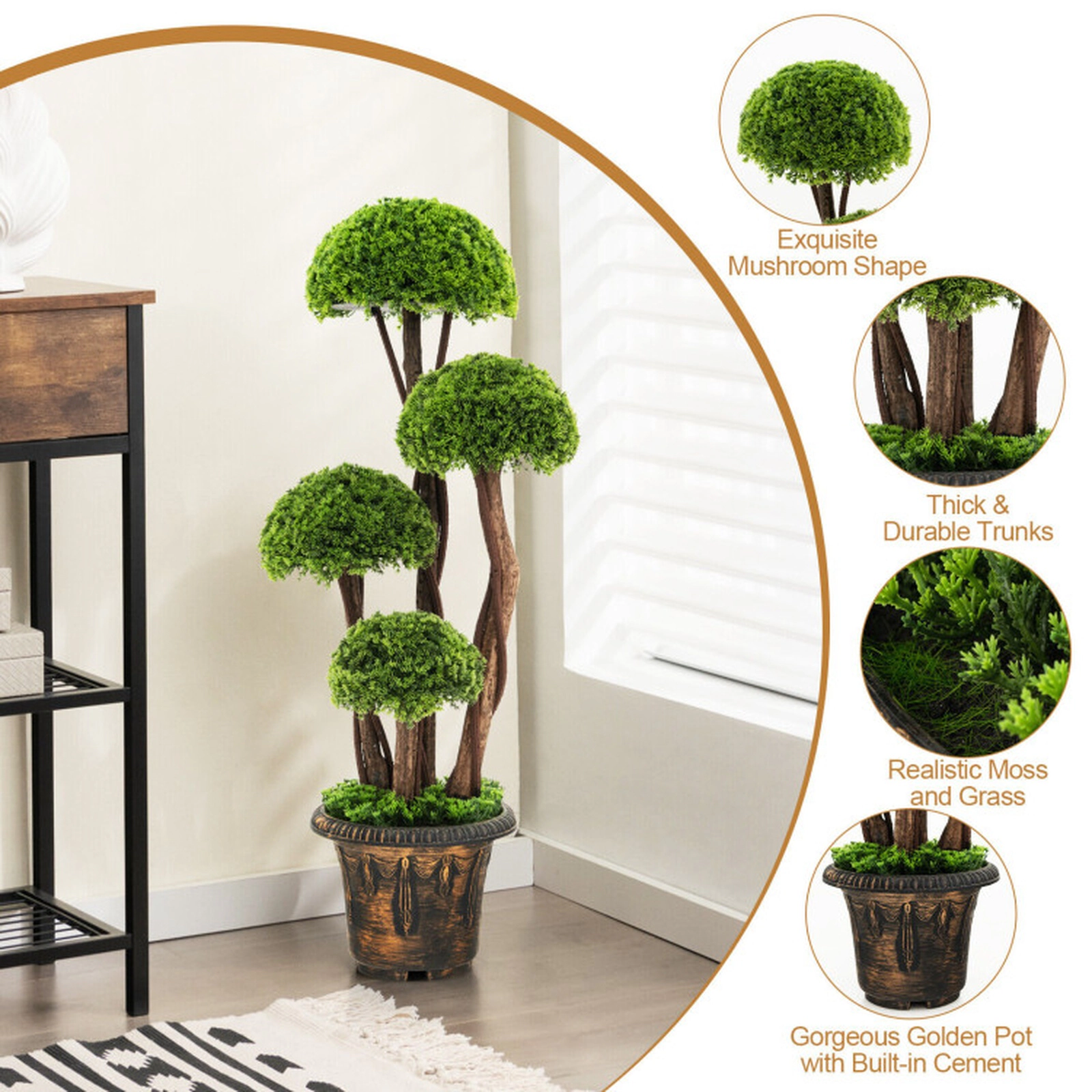 SUGIFT 4-Ball Rattan Trunk Cement-Filled Artificial Cedar Topiary Tree 35.5-in Tall 10-in x 7.5-in Pot 11-lb Green