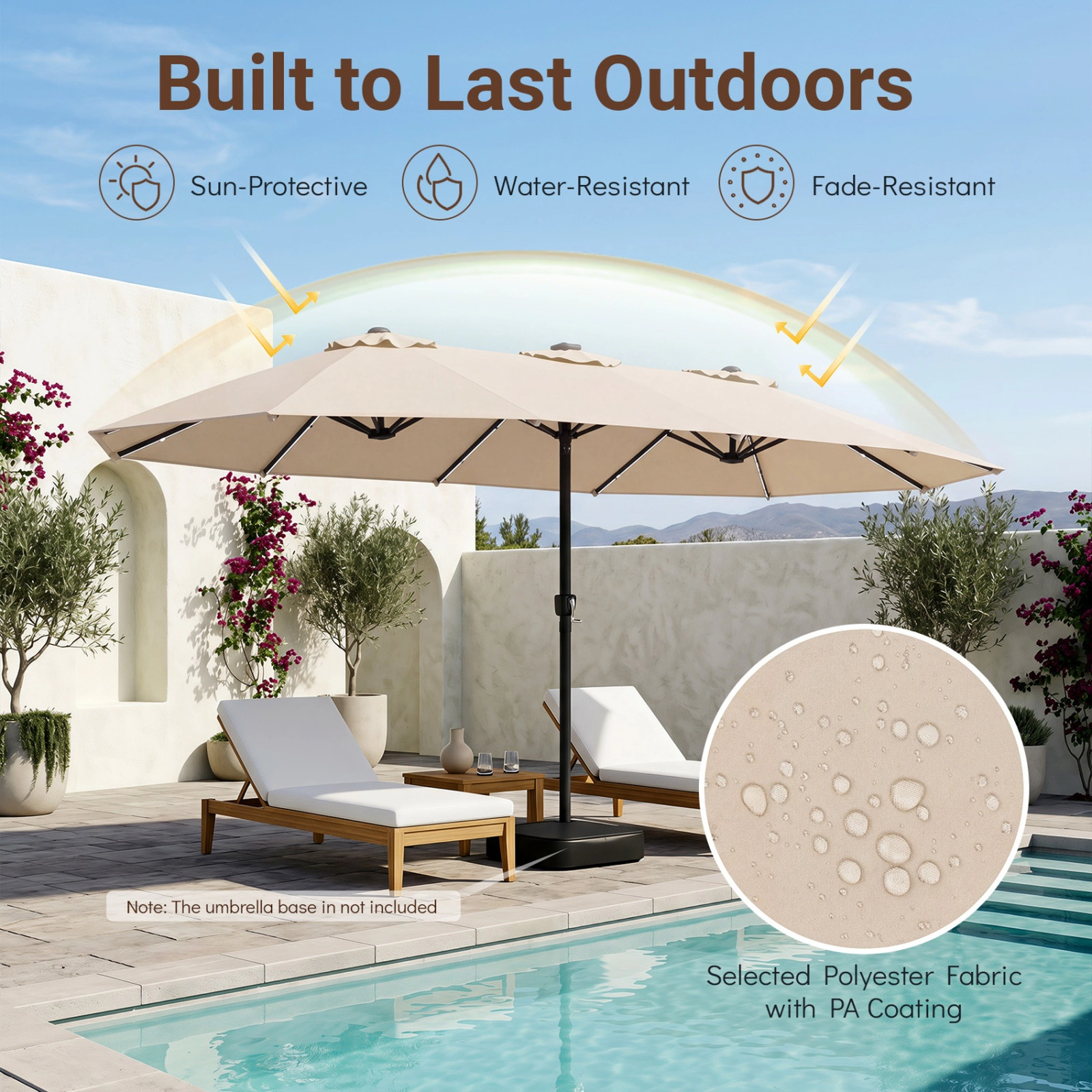 SUGIFT 15.5-ft Extra-Large Patio Umbrella with Solar LED Lights 12 Reinforced Metal Ribs Beige