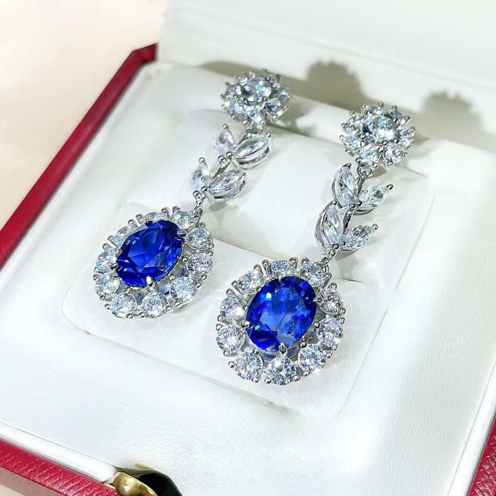 Oval Blue Sapphire Simulant Floral Leaf Dangle Earring