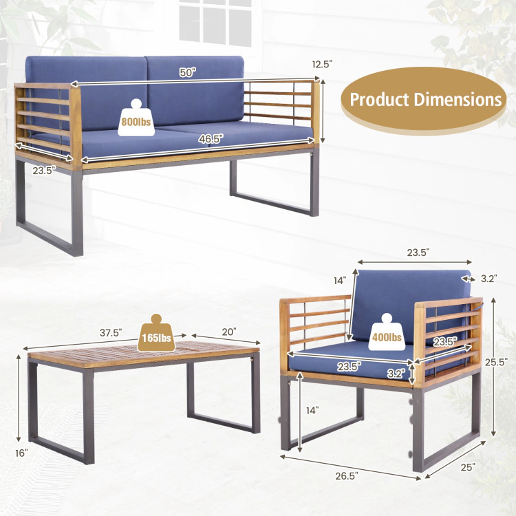 Hivvago 4 Piece Patio Acacia Wood Conversation Set With Soft Seat-Navy