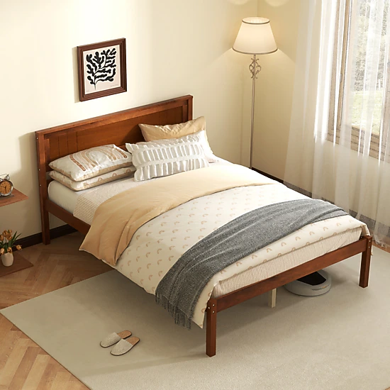SUGIFT Full Platform Bed Frame, Walnut Wood Headboard, 16-Inch Footboard