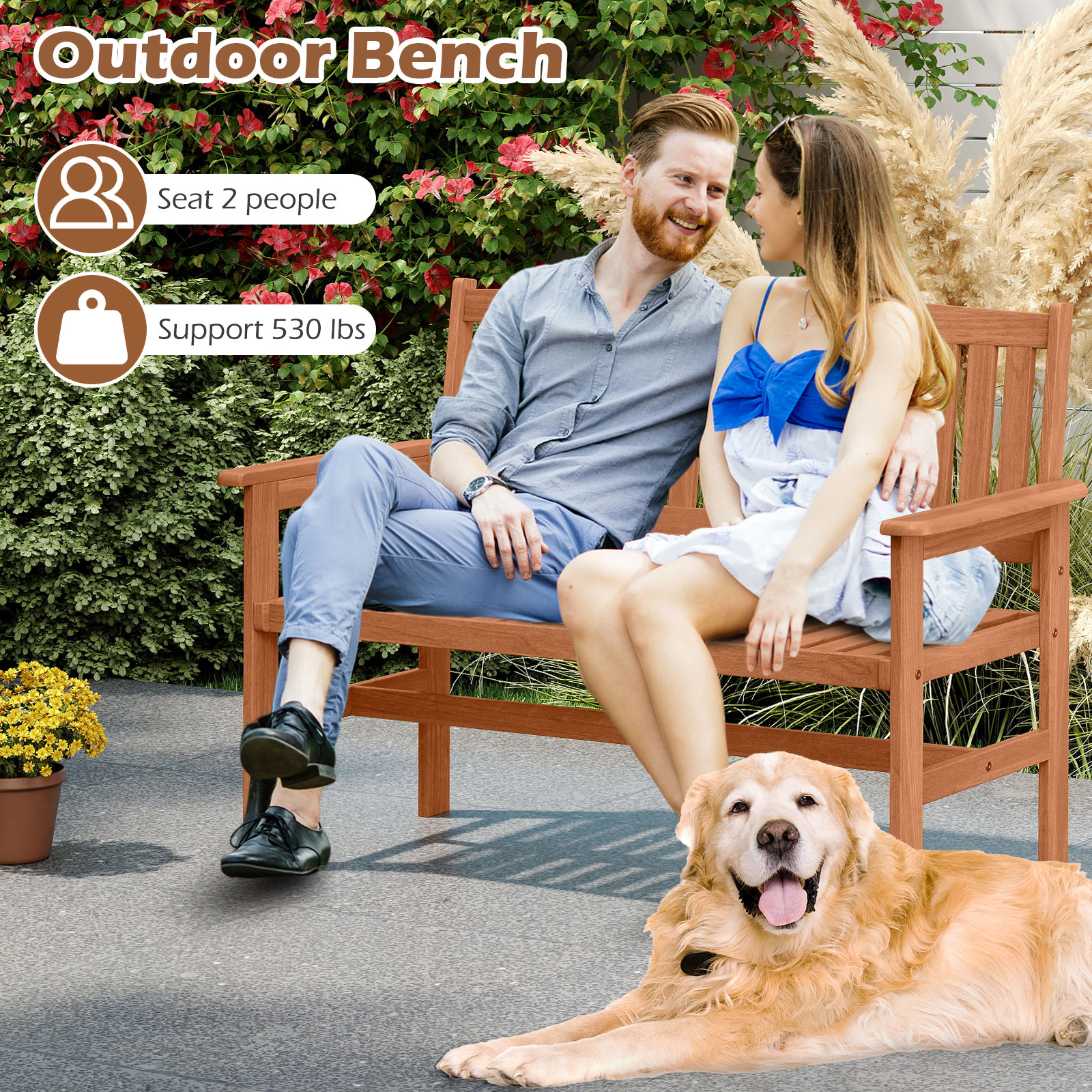 SUGIFT Solid Wood 2-Person Patio Bench Loveseat with Curved Slatted Seat and Armrests 530-lb Capacity 47-in Wide Natural