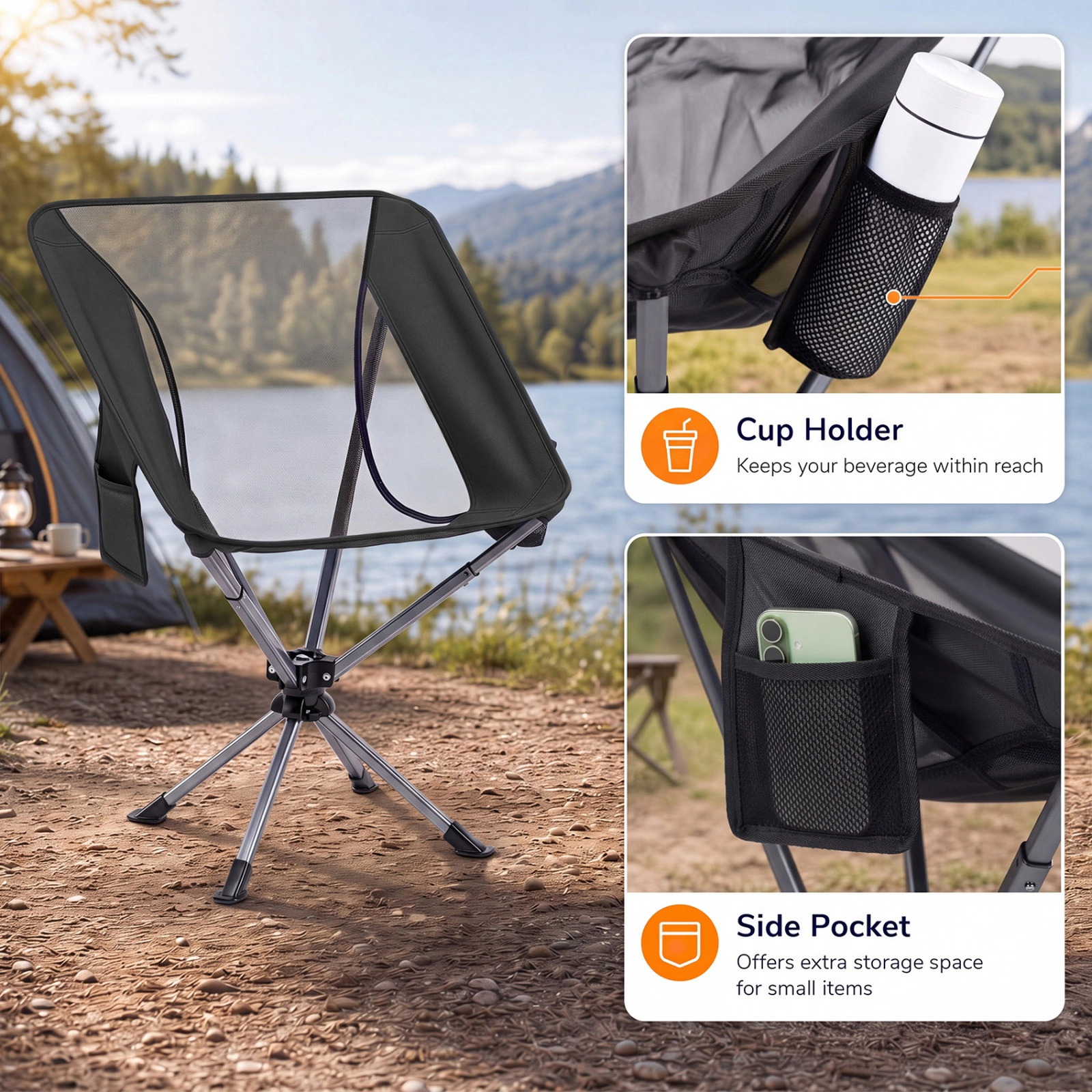 SUGIFT Black 360-Degree Swivel Folding Camping Chair with Aluminum Frame 25-in W 25.5-in D 330-lb Seat Capacity