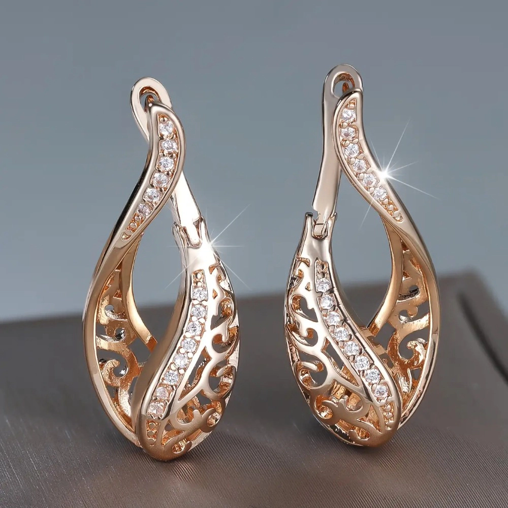 Rose Gold Hollow Filigree Twist Cubic Zirconia Huggie Drop Earrings for Women