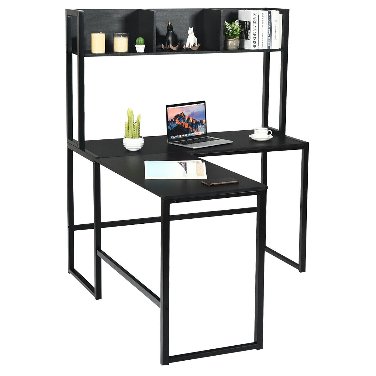 SUGIFT Reversible L-Shaped Corner Desk with Storage Bookshelf and Hutch 220-Lb Capacity Brown/Black/Walnut/Dark Brown