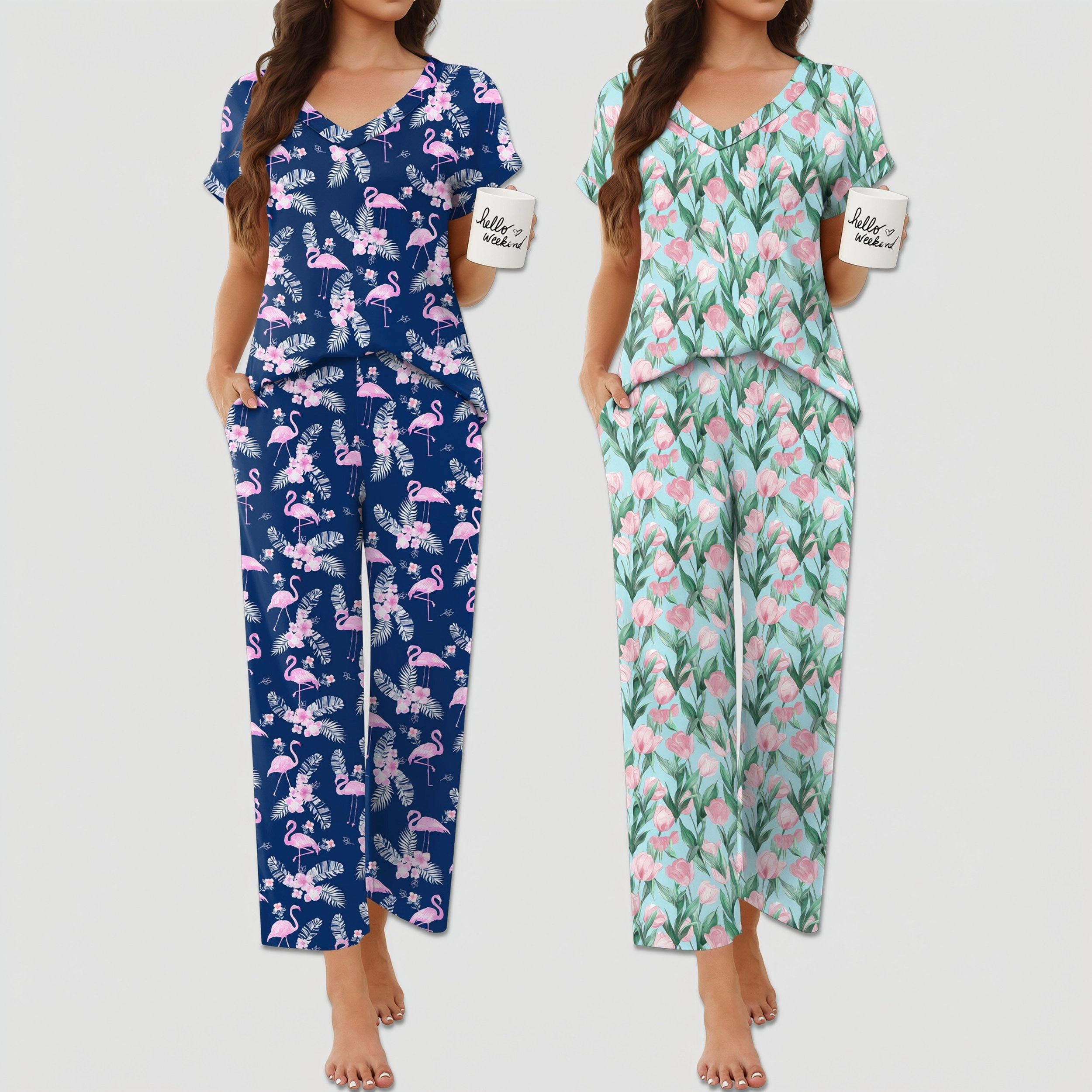 Ekouaer Women's V Neck Short Sleeve Top and Wide Leg Pants Pajama Set