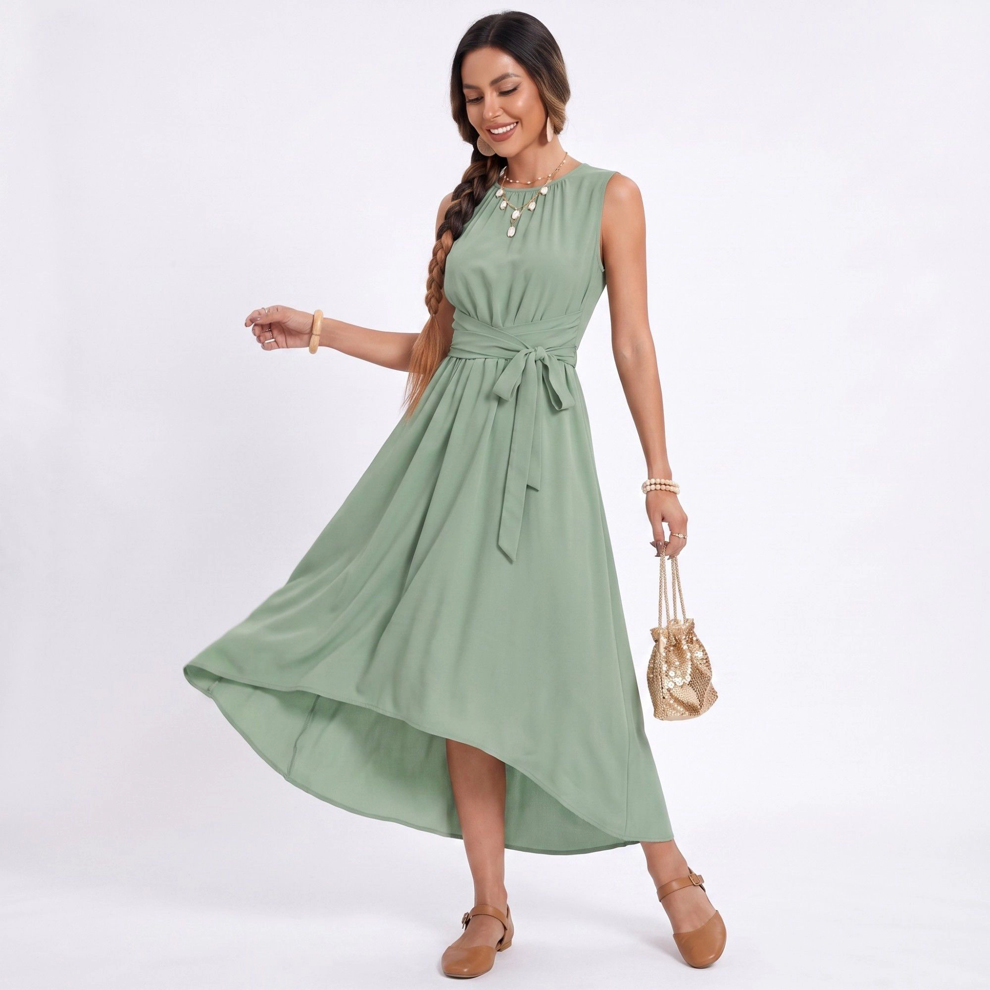 Anna-Kaci Women's High Low Sleeveless Tie Waist A-Line Midi Dress