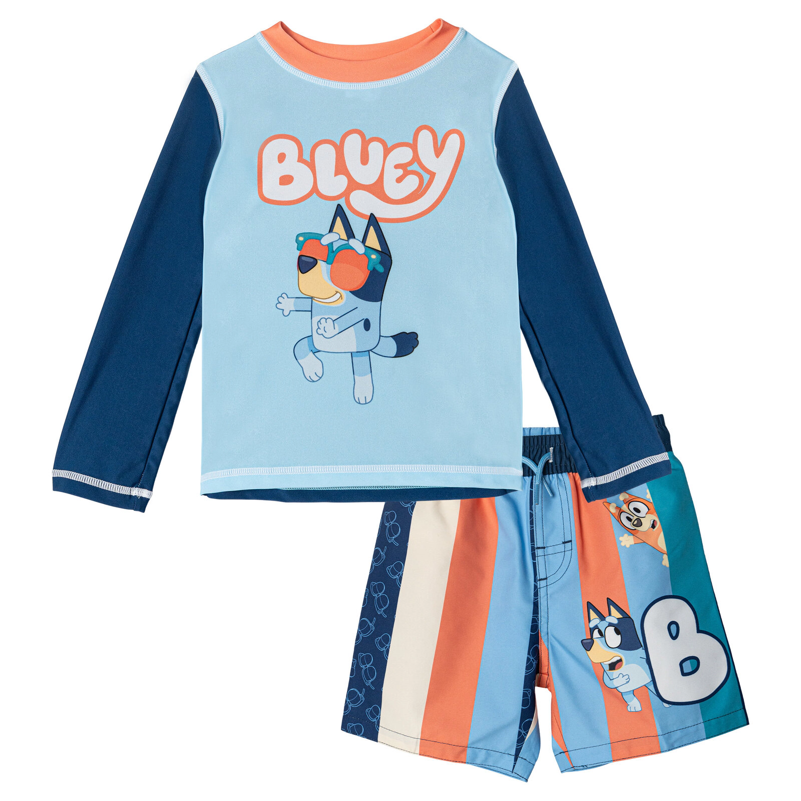 Bluey Boys' UPF 50+ 2-Piece Rash Guard and Swim Trunks Set