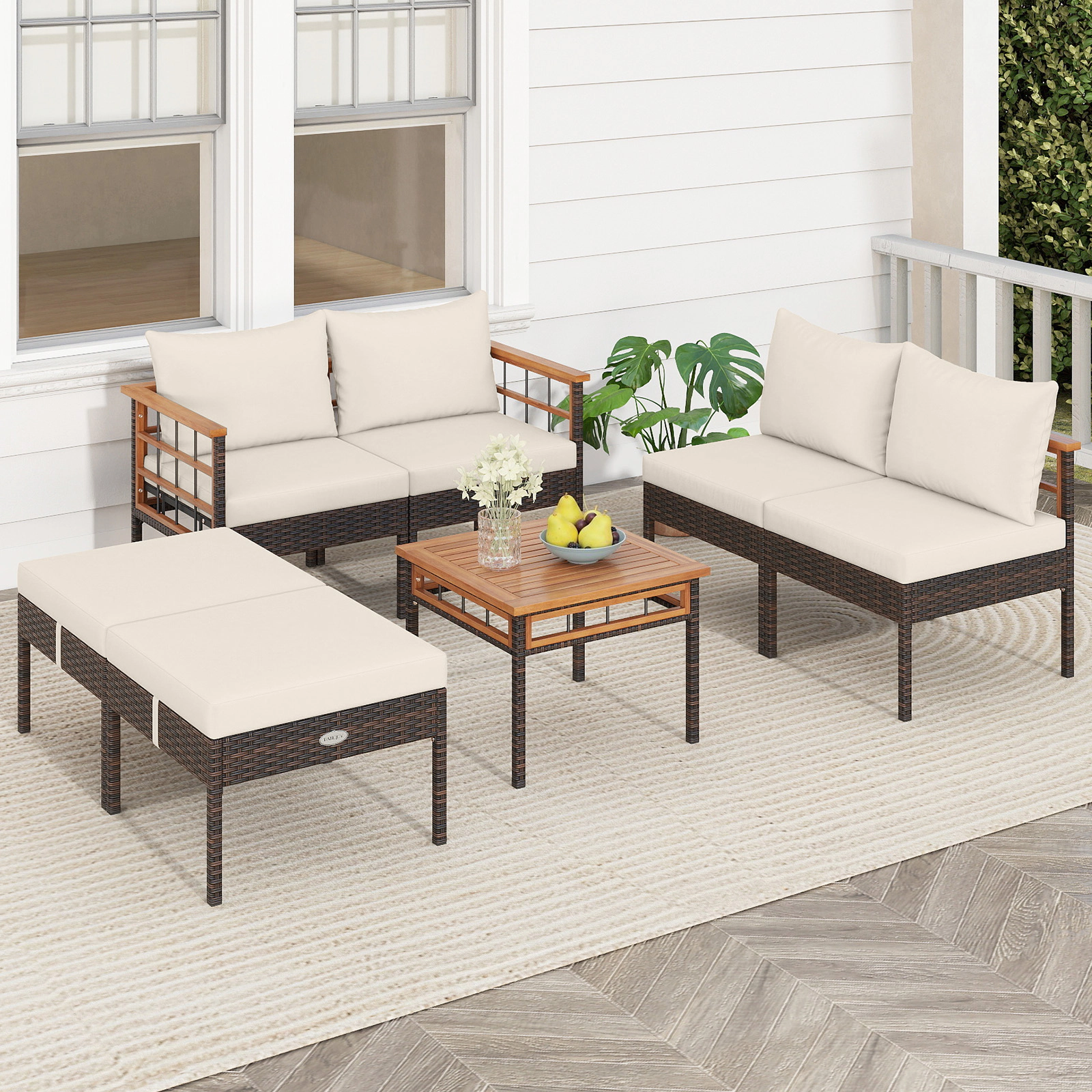 SUGIFT 7-Piece White Modular Rattan Patio Set with Ottomans and Acacia Table