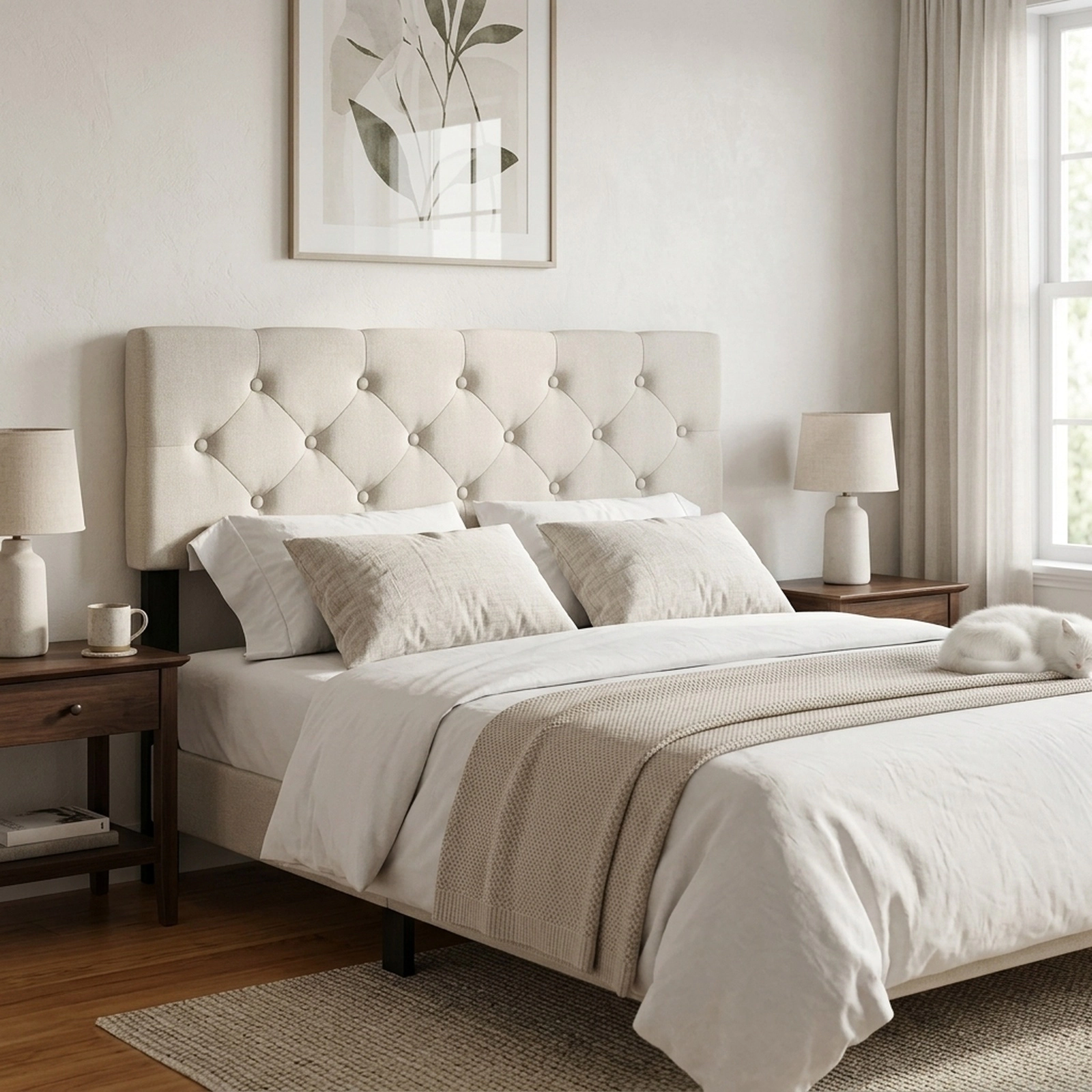 SUGIFT Button-Tufted Upholstered Headboard, Beige Faux Linen, Full/Queen, Adjustable Leg Width