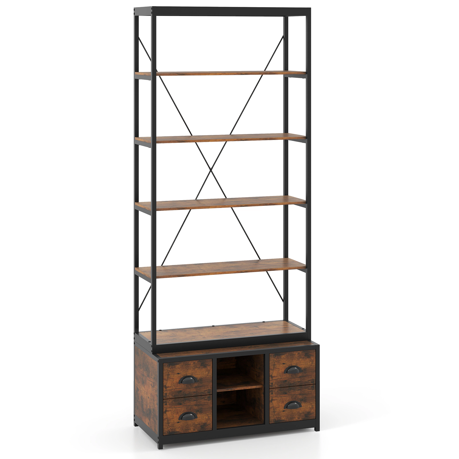 SUGIFT 8-Tier Rustic Brown 79-in Tall Industrial Bookshelf with 4 Fabric Drawers Metal Frame and 66-lb Shelves
