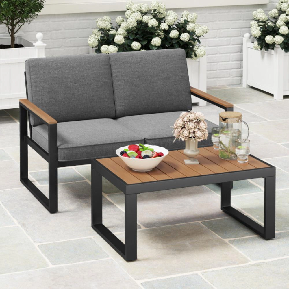 Hivvago 2 Piece Patio Aluminum Furniture Set With Wood-Plastic Armrests And Tabletop-Gray