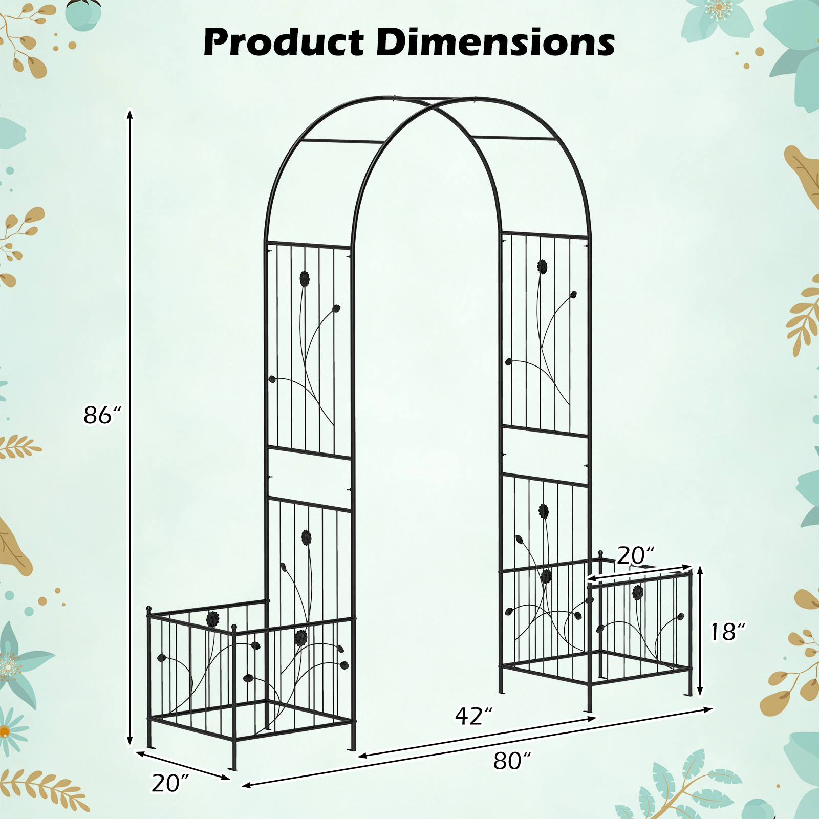 SUGIFT 2-in-1 Metal Garden Arbor with Side Planters and 8 Ground Stakes 86-in Tall Black